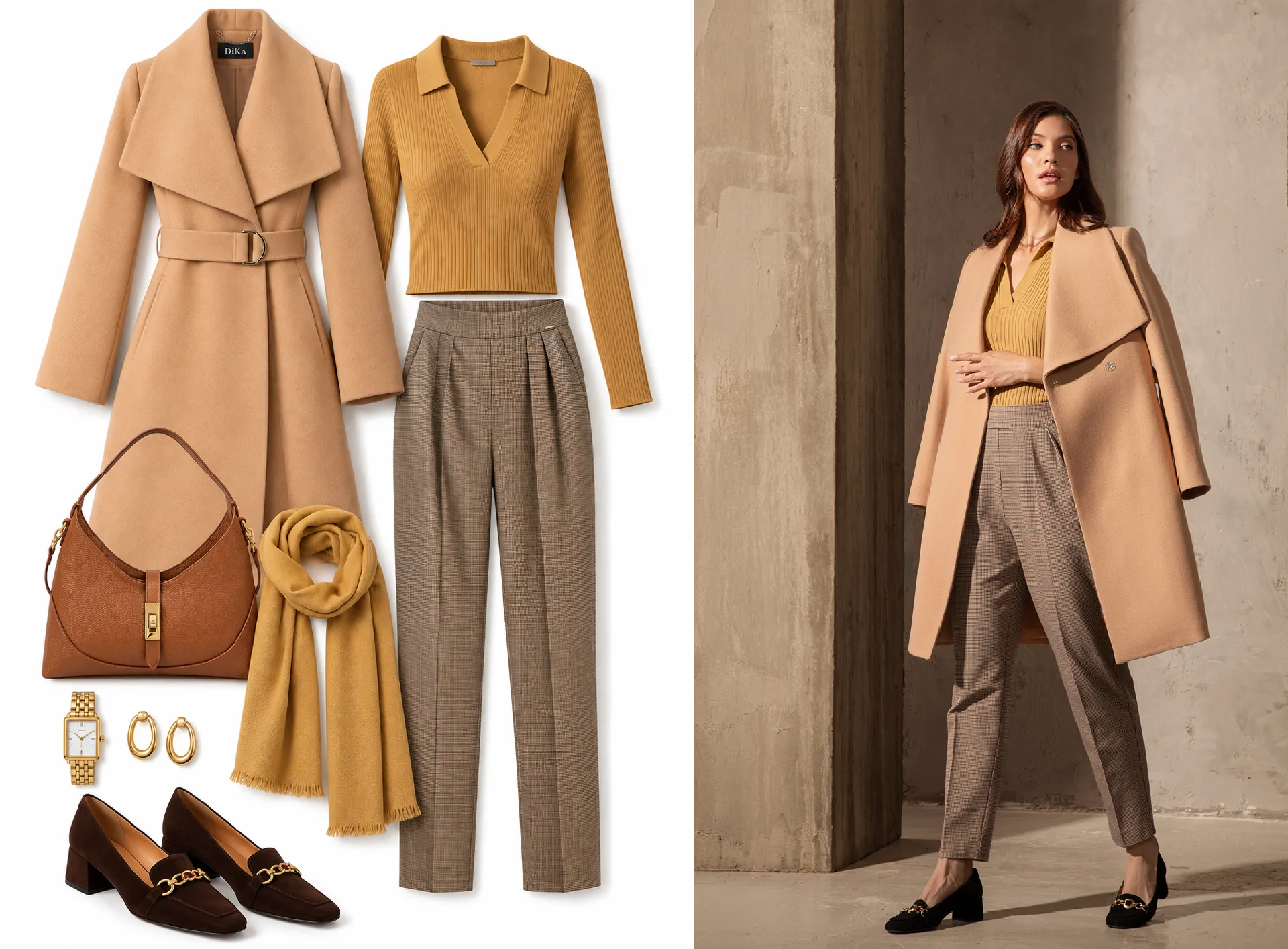 Association ton sur ton de beige, camel et marron pour un look féminin élégant